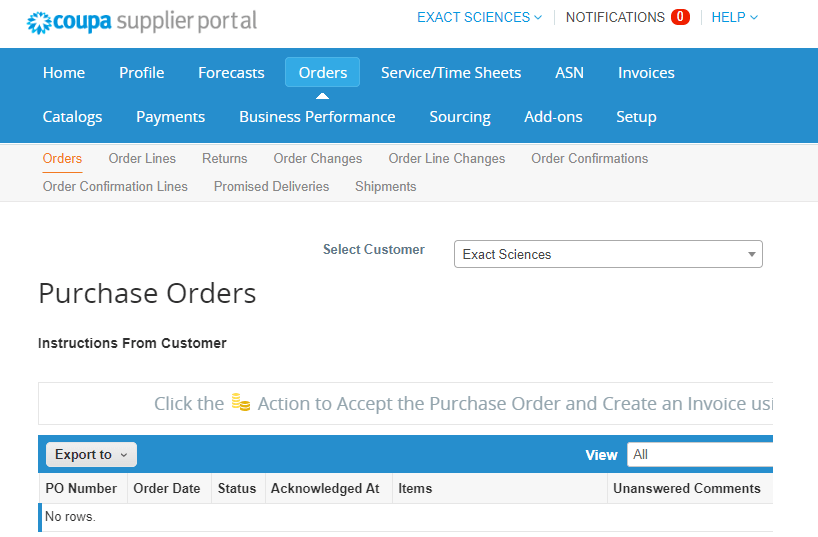Screenshot of Purchase Order page on the Coupa Supplier Portal.